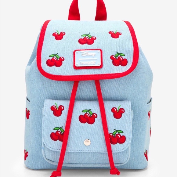Loungefly Handbags - New Loungefly Disney Cherries Denim Backpack.